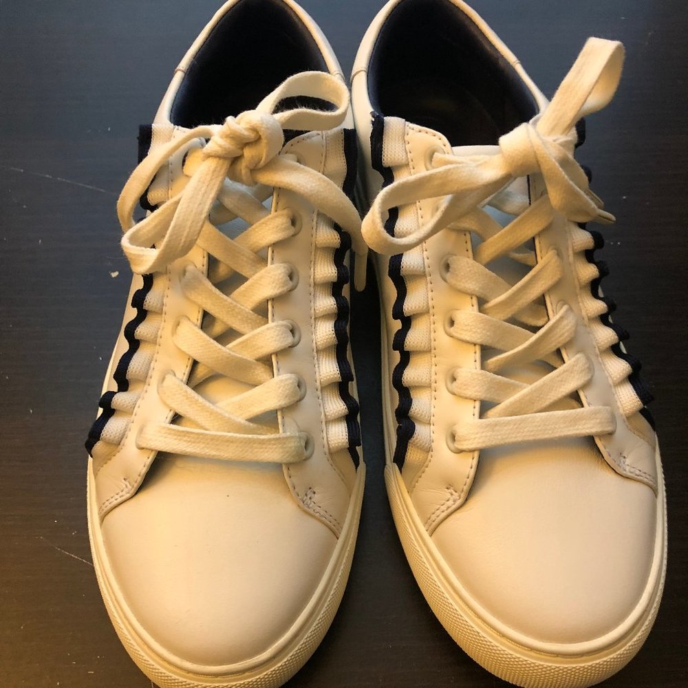 Tory Burch White Sneakers with Navy Blue Ruffles